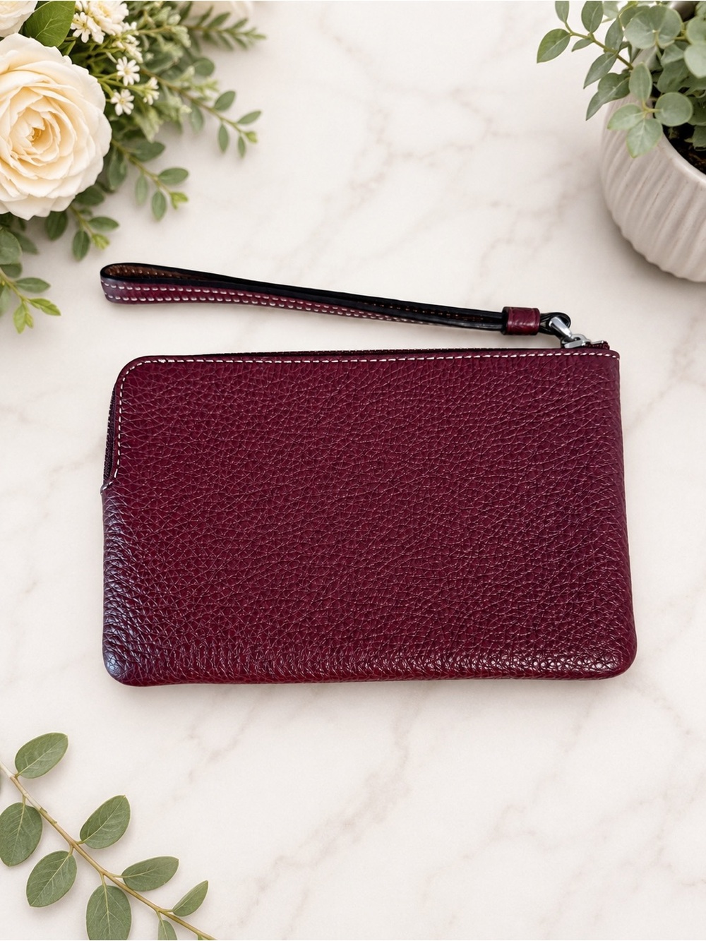 COACH Burgundy Leather Wristlet Logo Stripe Zip - Picture 2 of 4
